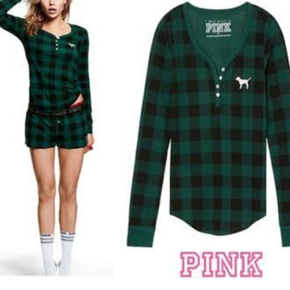 PINK Victoria's Secret Tops - Victoria’s Secret PINK Green Plaid Sleep Shirt